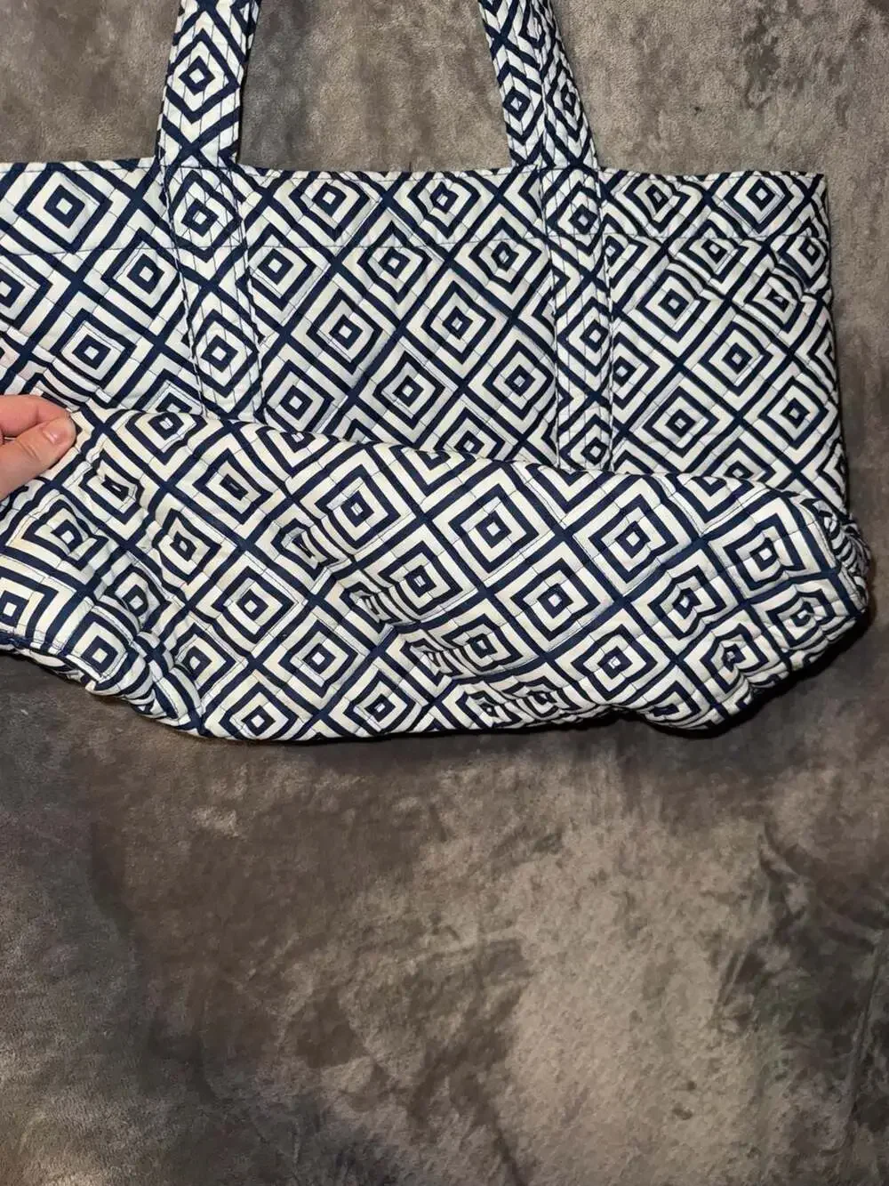 Quilted Koala Navy and White Geometric Print Quilted Tote Bag